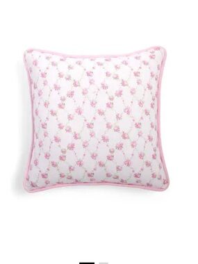 LoveShackFancy White Pillow with Pink Floral Print and Pink Piping